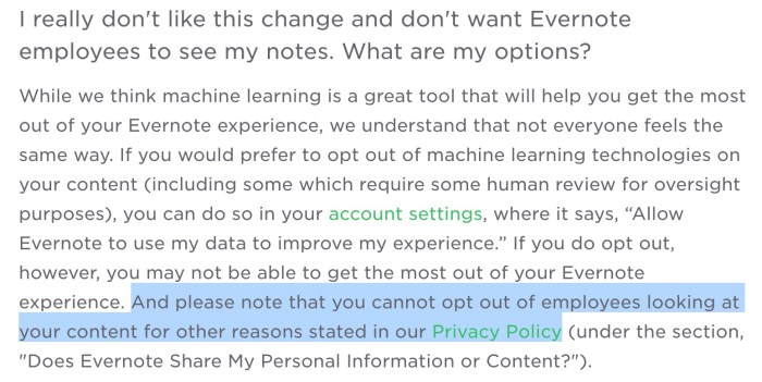 Evernote privacy policy read your notes